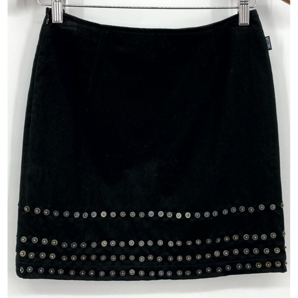 Moschino Jeans Donna Women's Mini Skirt Size 6 Black Stretch Eyelet Button Studs